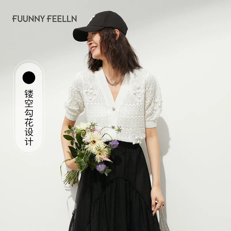 FF||仿佛春爆款白色短袖针织衫女V领薄款开衫FZ00814