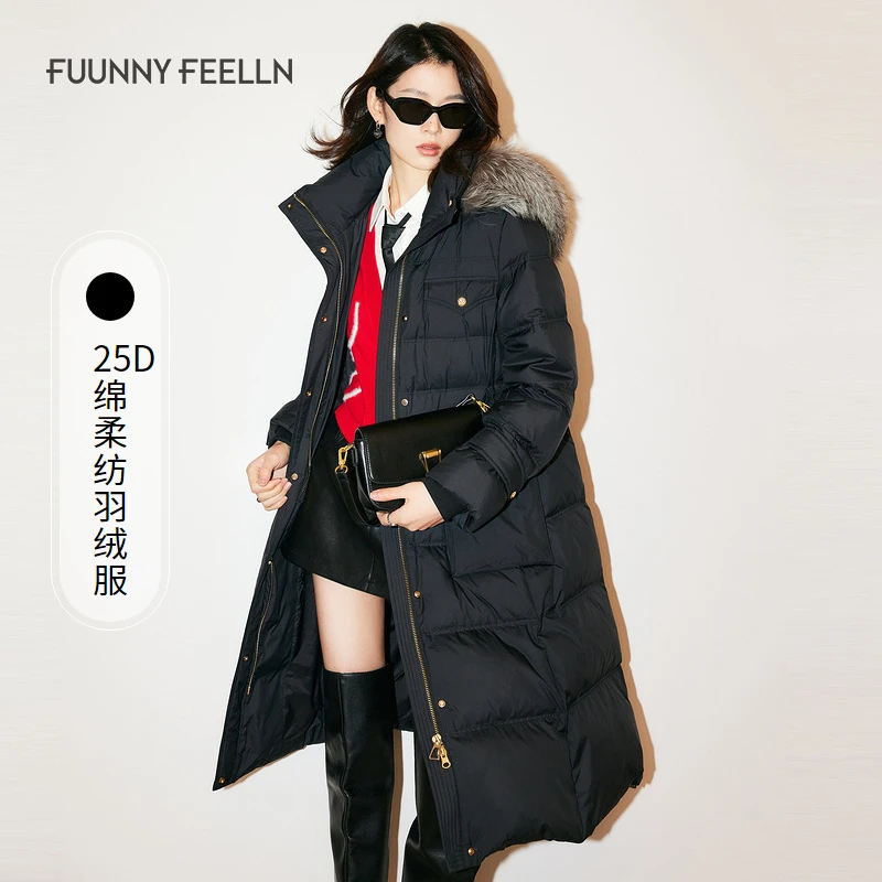 FF仿佛冬季黑色长款羽绒服女过膝连帽气质通勤FR00578