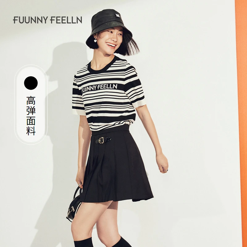【达人专属】FF仿佛针织衫圆领短袖T恤女条纹款复古百搭FZ00891