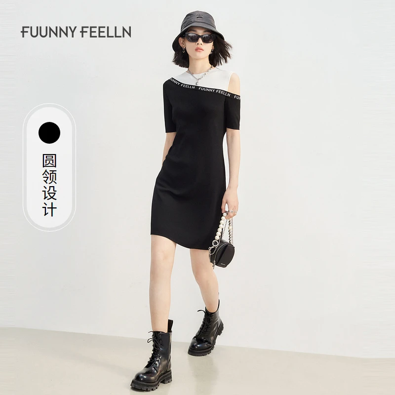 FF||仿佛连衣裙露肩撞色修身显瘦FF01694