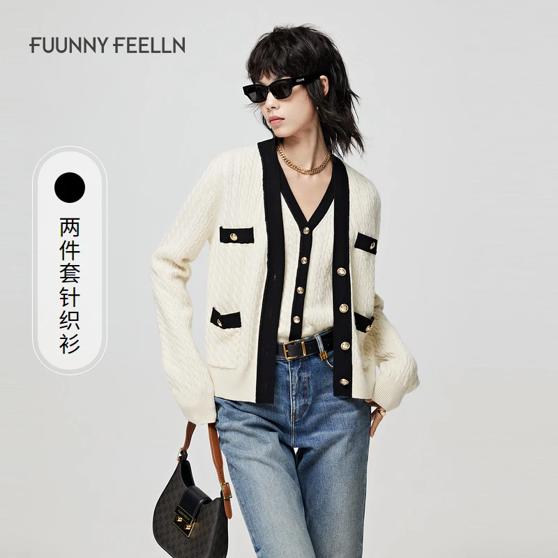 【小余专属】FF仿佛V领针织衫撞色长袖两件套开衫上衣FI000