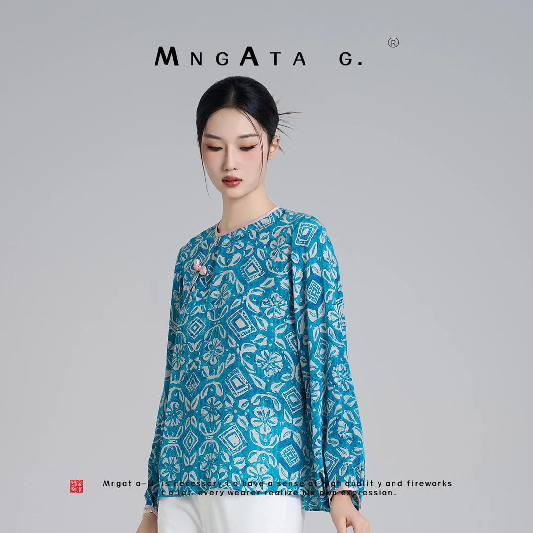 MNGATA G.宫小妍【石子青】早秋新中式中国风桑蚕丝古韵上衣X280251