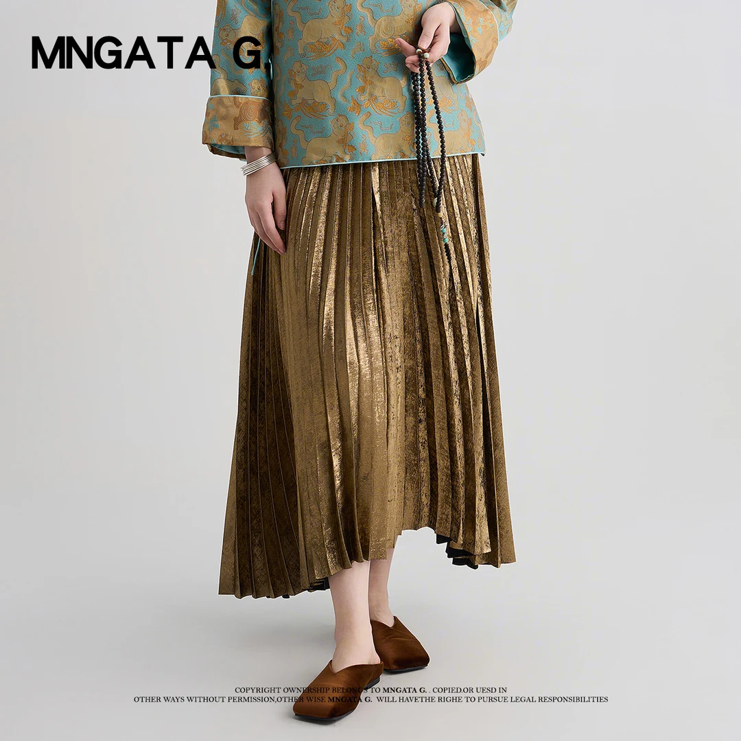 MNGATA G.宫小妍 【金陵裙】复古亮面显瘦中长款百褶半身裙23090717