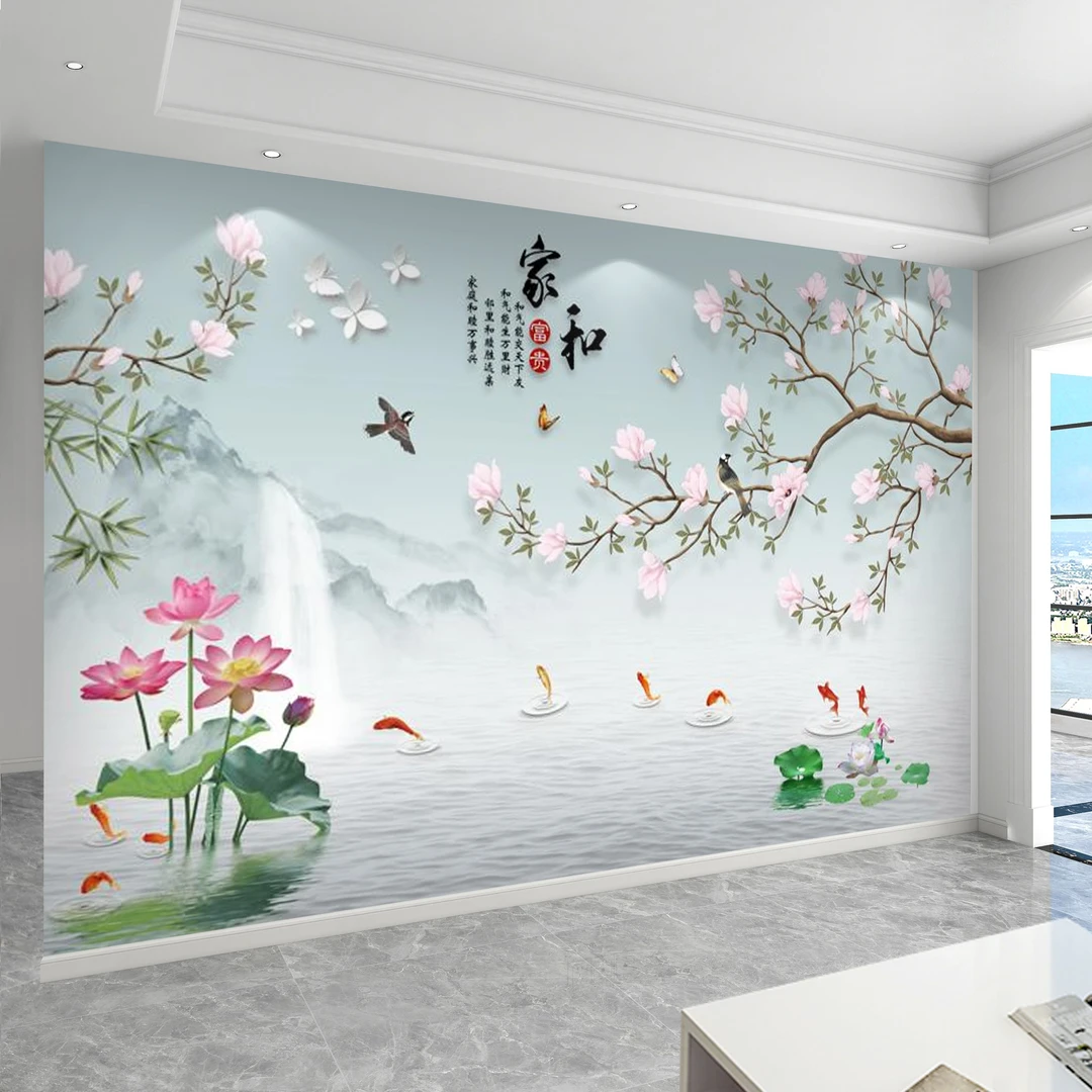 中式花鸟客厅电视背景墙壁画家和富贵沙发影视墙布九鱼图墙纸壁纸