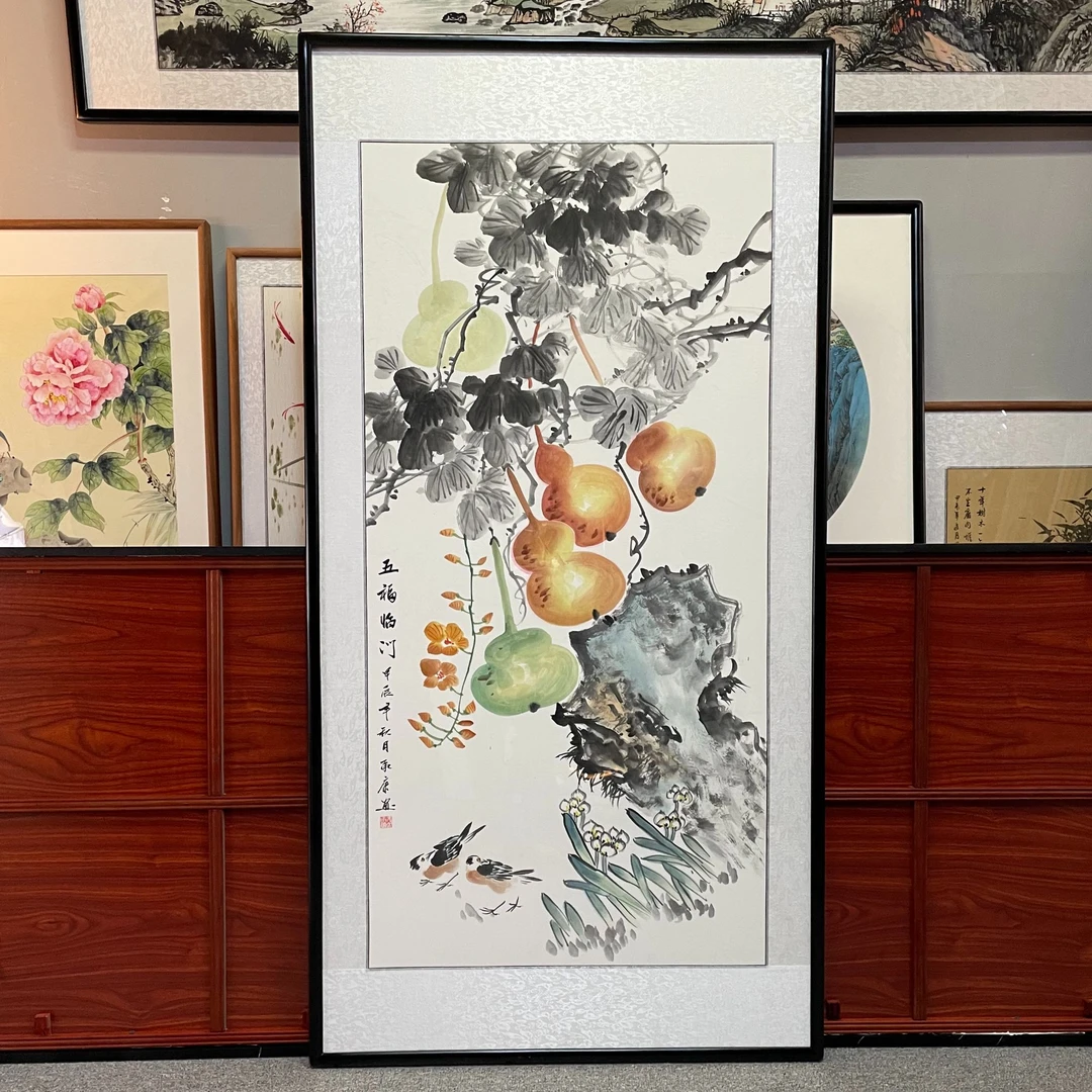 纯手绘-玄关 五福临门【168*86】新中式国画玄关装饰画字画直播间