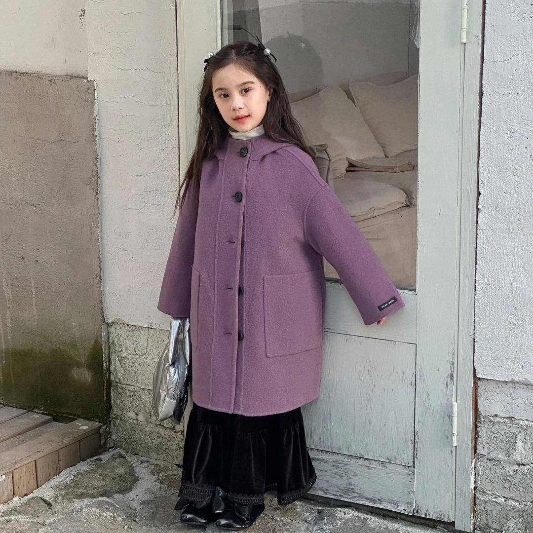 紫色连帽中性款男童女童可穿显高级童装双面绵羊毛大衣