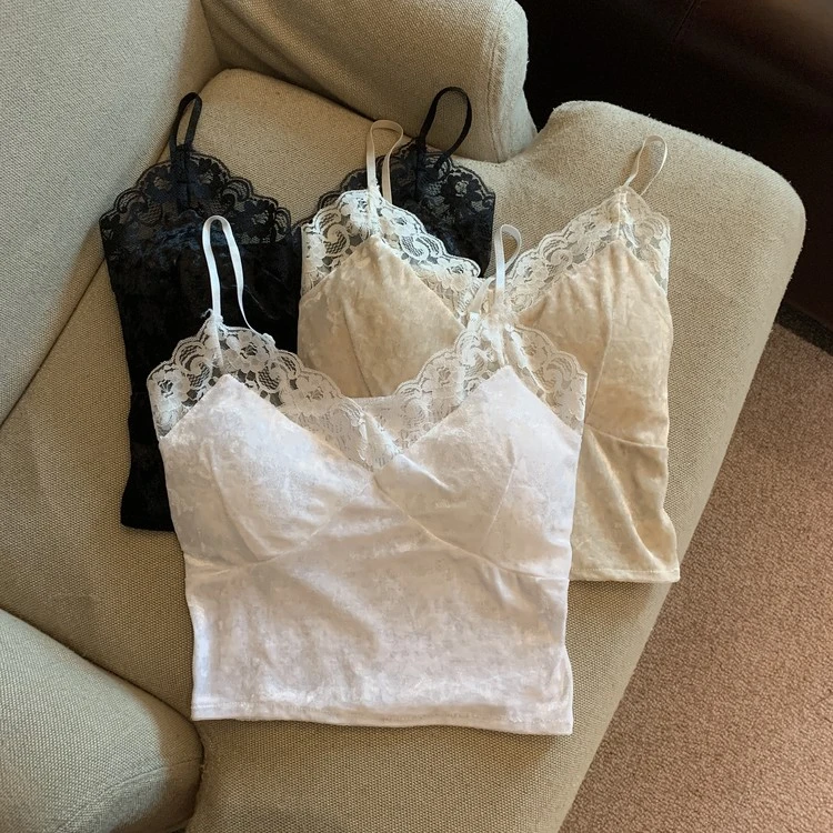 秋冬法式吊带带胸垫百搭时尚V领蕾丝拼接丝绒吊带背心气质上衣女