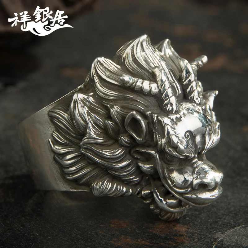 祥银居手工银戒指龙头戒指 S999足银个性复古龙款纯银指环 非通货