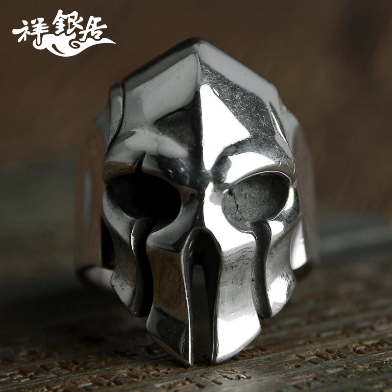 斯巴达面具侠复古S999足银情侣活口戒指 个性骷髅朋克手工银指环