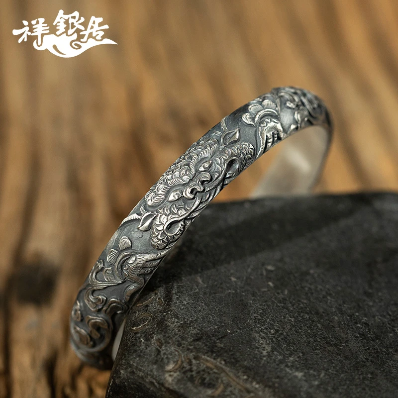 云南雪花银足银手工霸气满雕泥鳅背麒麟 个性开口实心银镯子.珍藏