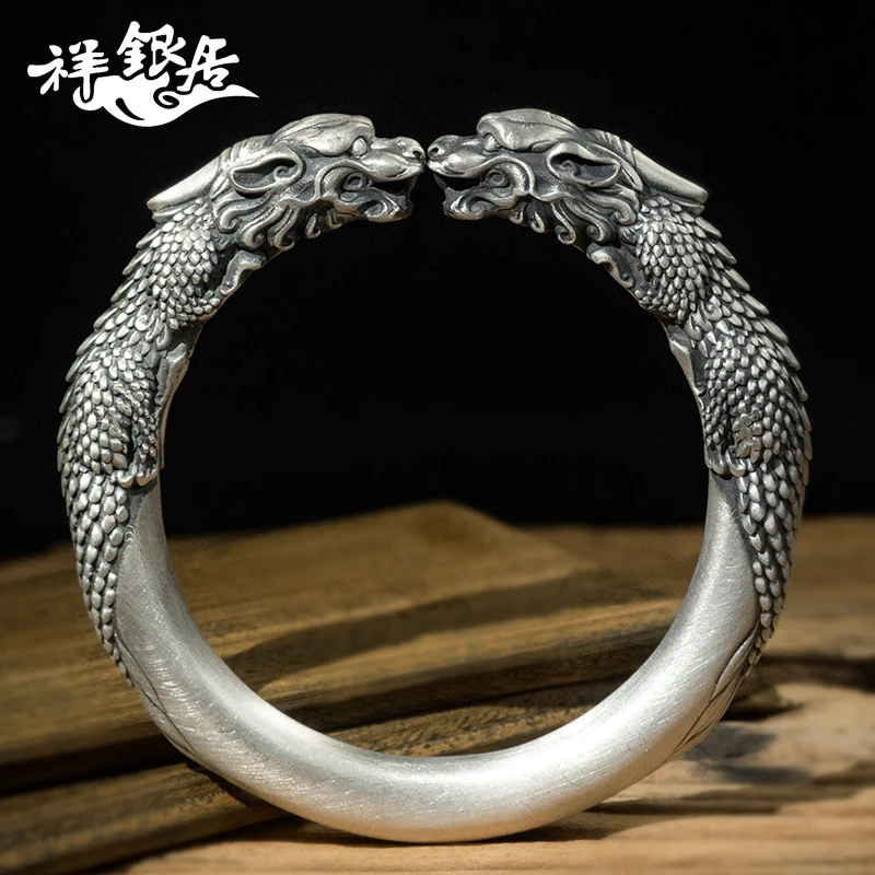 双貔貅手镯男士云南雪花银 开口实心原创设计手工精雕银手镯.传家