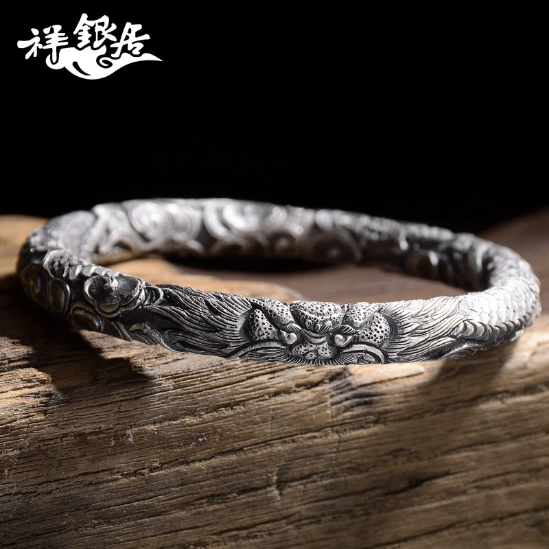 足银玻璃手镯 祥银居手工满雕足银圆柱复古飞龙在天手镯.传家