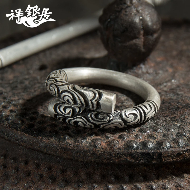 足银玻璃戒指 祥银居手工浮雕齐天大圣定海神针如意金箍足银戒指