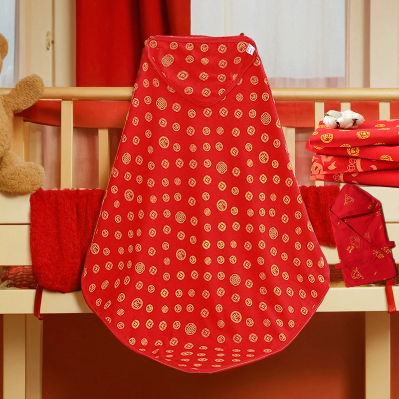 新生儿加棉大红色抱被包单春秋百福长命百岁包巾出院喜庆四季裹布