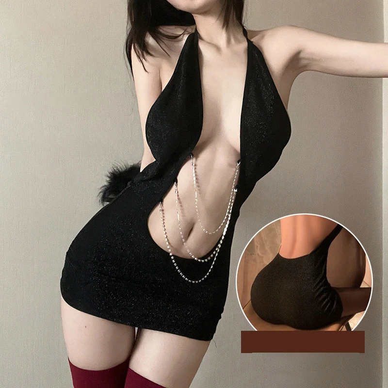 『风情少女』纯爱时尚挂脖闪亮银丝深V性感睡裙纯欲露背镂空包臀