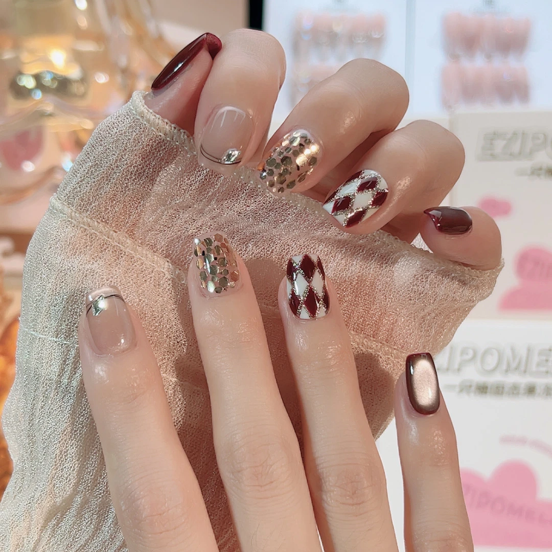 【红格纹】一只柚纯手工穿戴甲气质穿戴式疗美甲