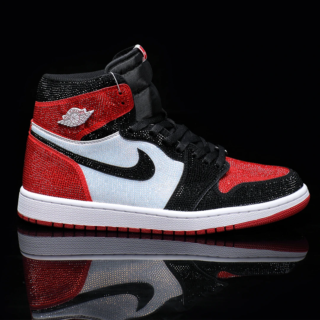 Air Jordan 1 黑红脚趾高帮镶钻情侣满钻潮鞋【定制球鞋】