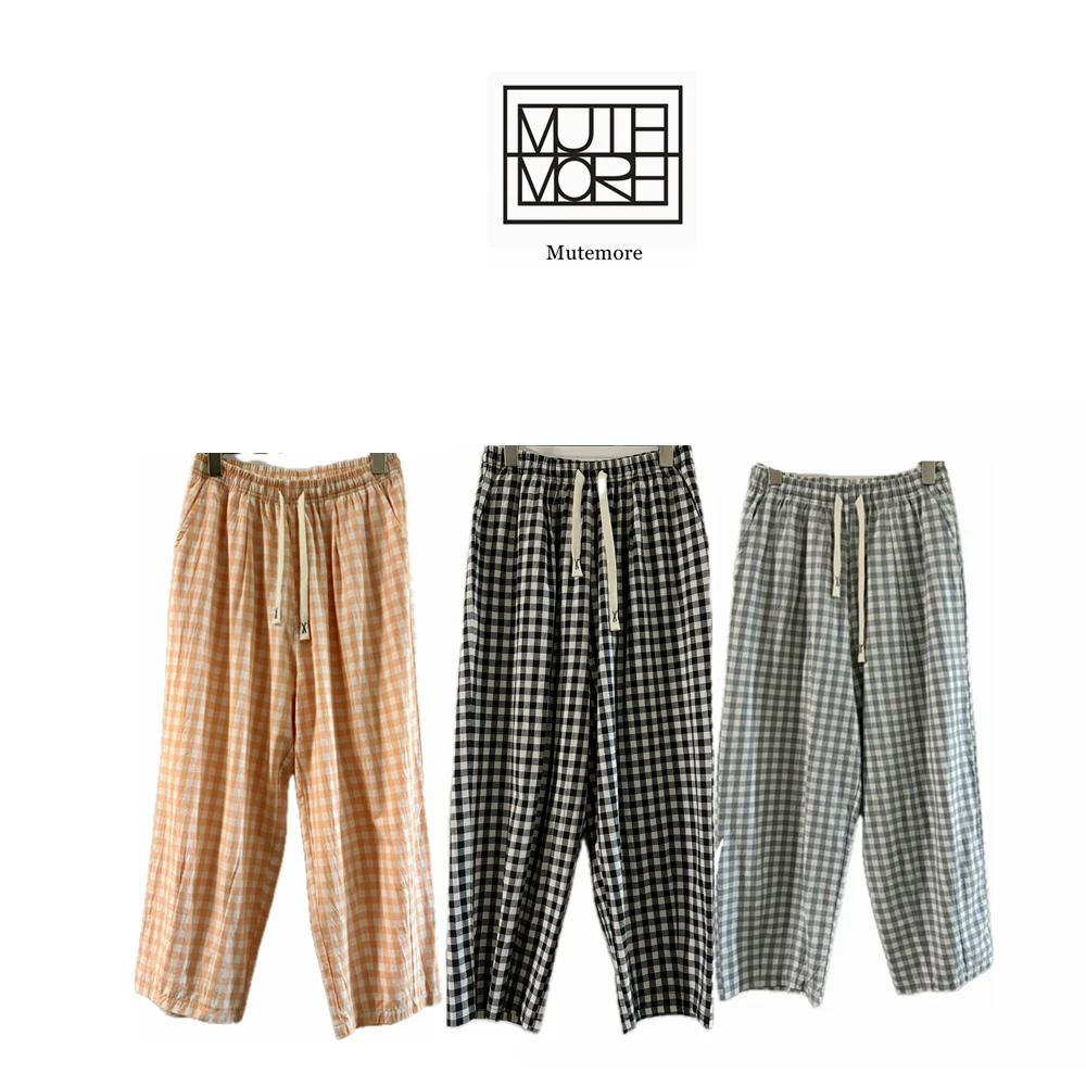 【纯棉格子】舒服水洗薄纯棉休闲9分裤松紧腰格子裤夏季宽松日系