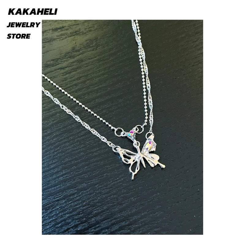 钛钢项链 气质轻奢时尚百搭小众银色坠链素款彩色蝴蝶项链KK2376