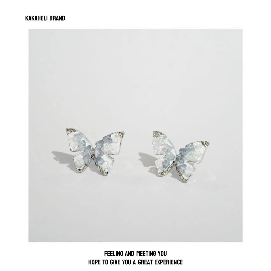 铜合金合成锆石耳饰 气质百搭少女小众简约超仙碎石蝴蝶耳环KK419