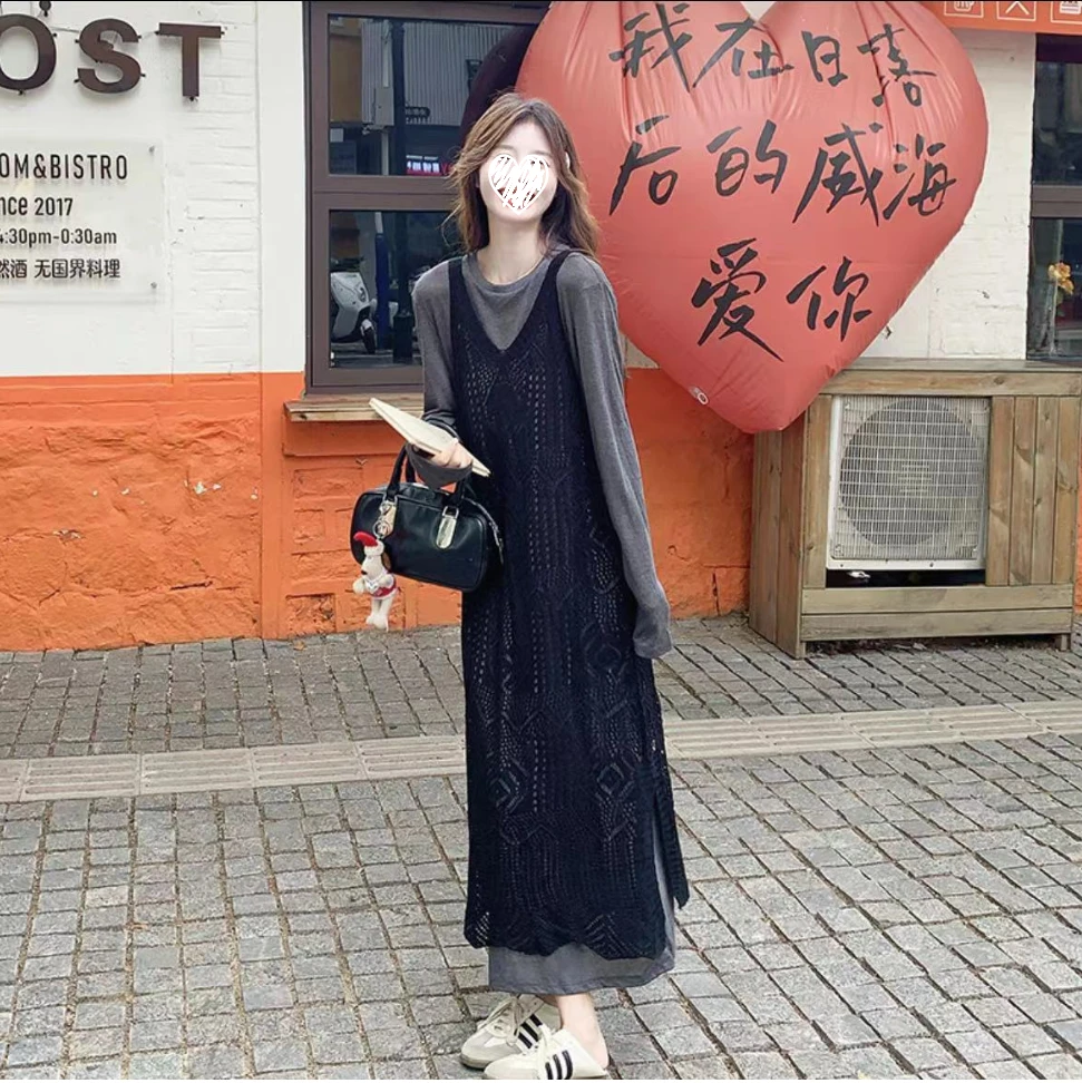 新款时尚套装秋冬显瘦气质长袖灰色连衣长裙+黑色镂空背心裙9557