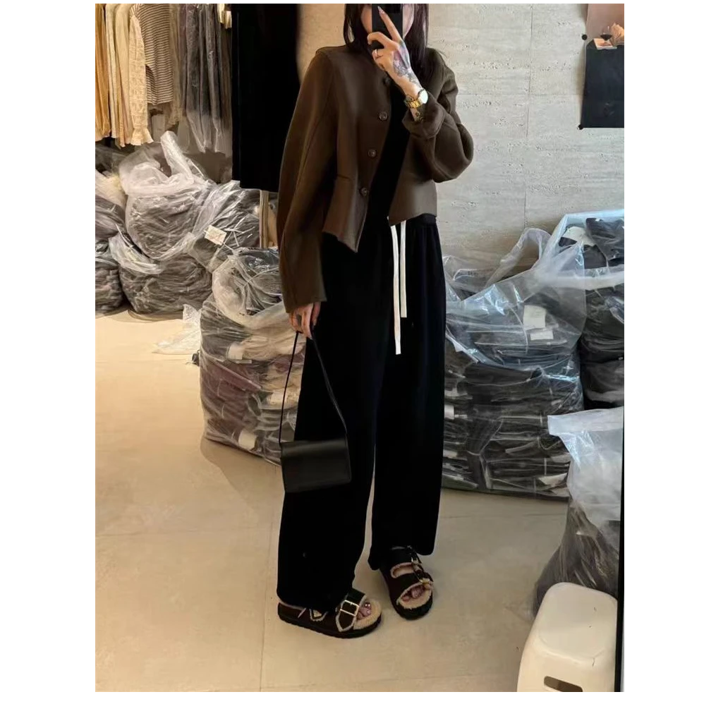 秋季新款韩版时尚休闲百搭绒面卫裤初秋松紧腰系带运动阔腿裤女