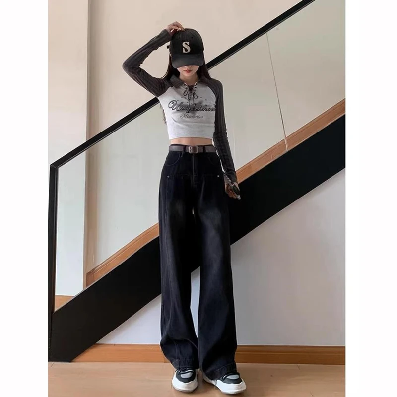 秋季新款黑灰高腰窄版阔腿牛仔裤女休闲百搭垂感直筒裤显瘦显高