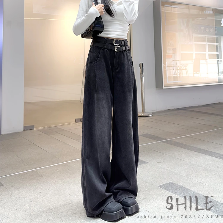 秋冬新款黑色水洗做旧牛仔裤女双扣高腰宽松阔腿潮酷拖地裤88130