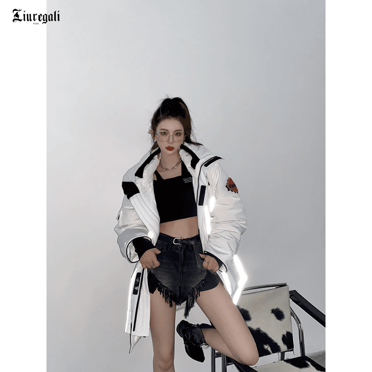【LIUREGALI】设计师品牌男女白色工装3M反光口袋连帽羽绒服秋冬