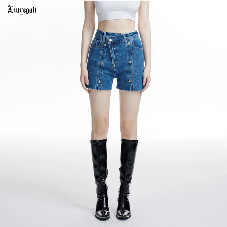 【LIUREGALI】设计师品牌SS23新品女款蓝色不规则排扣牛仔短裤春