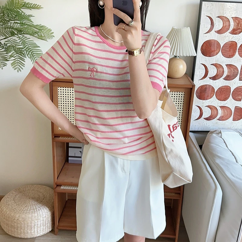 设计感女士条纹针织冰丝短袖t恤女2024新款爆款夏季时尚洋气上衣