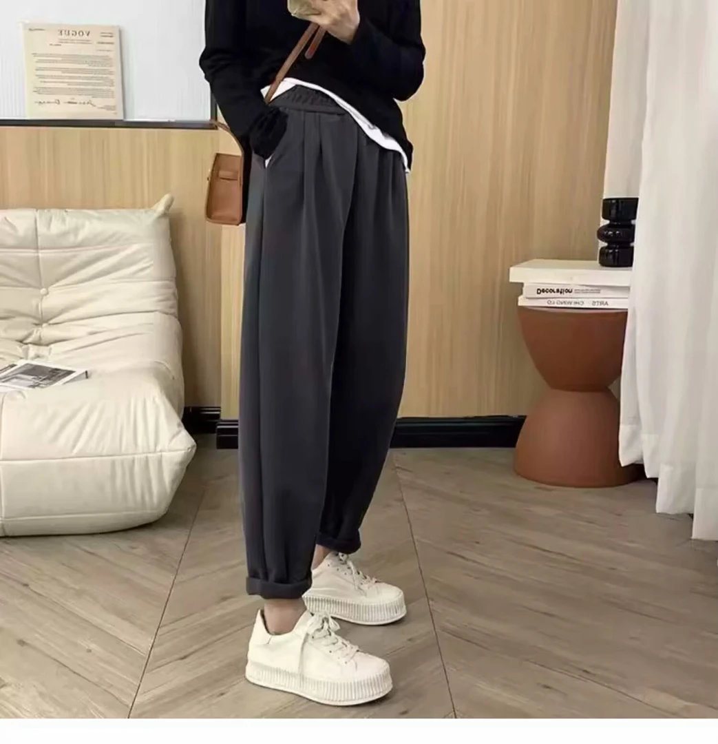 大码女装胖mm韩版宽松显瘦褶皱休闲百搭哈伦裤女200斤