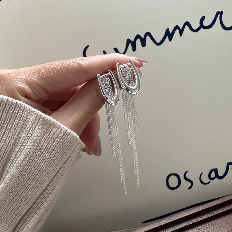 925银耳饰 实心U形长款流苏耳环韩版温柔风时尚简约百搭两戴耳钉