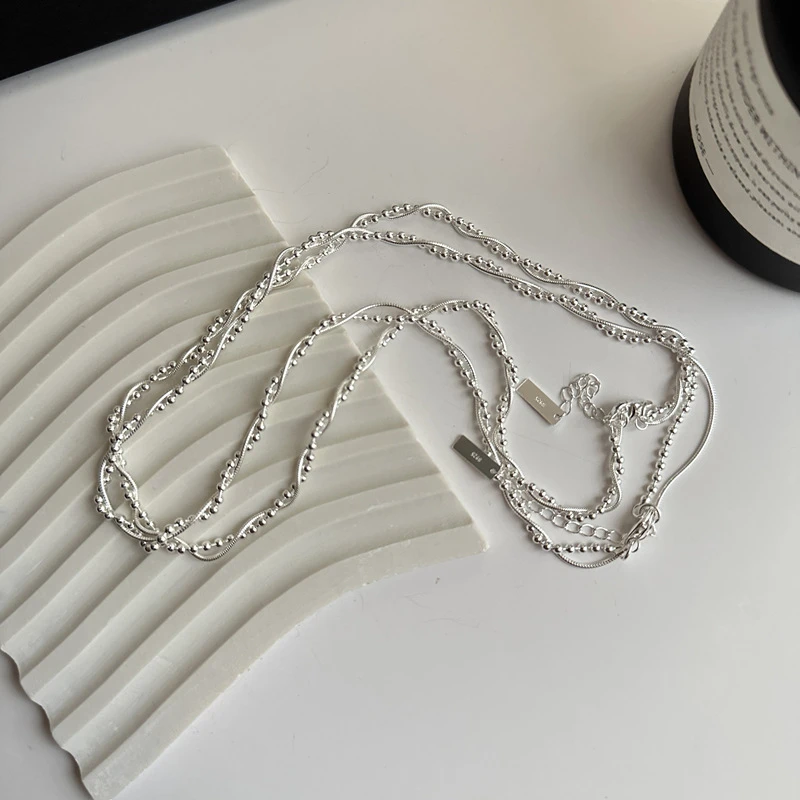 链子925银 韩版小众设计感双层缠绕圆珠项链INS冷淡风麻花锁骨链