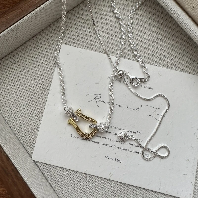 坠链均925银 韩版小众设计感金银撞色抽拉U型马蹄项链INS风毛衣链