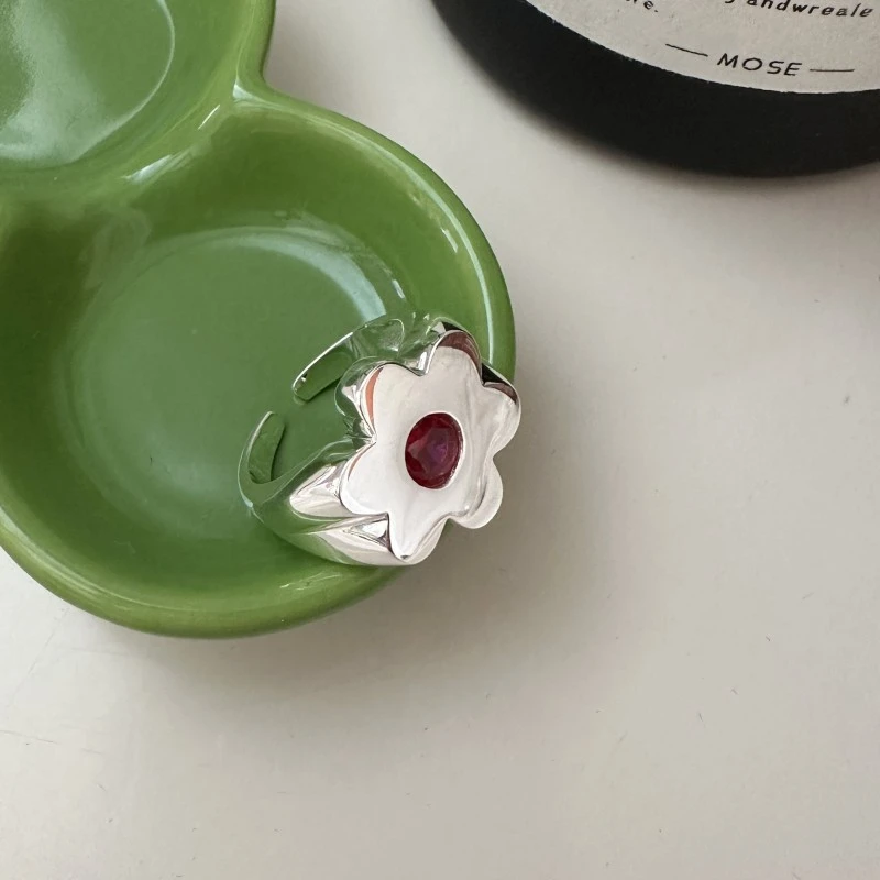 925银合成锆石戒指 韩版时尚简约小花戒指INS风百搭彩色花朵指环