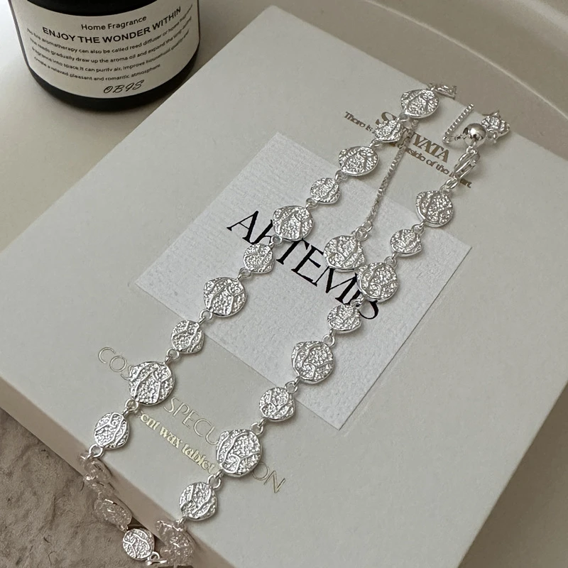 坠链均925银 韩版肌理感褶皱纹圆片项链INS风时尚气质圆形锁骨链