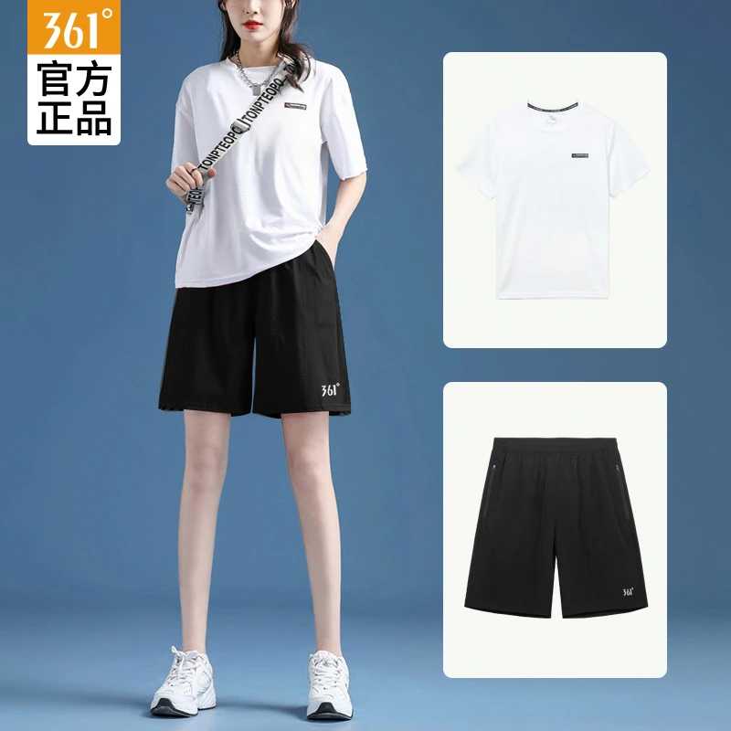 361°运动套装短裤女款五分裤夏季黑色速干休闲健身裤跑步大码短袖