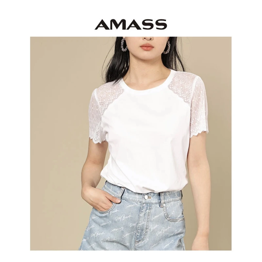 AMASS/阿玛施新款女装质感百搭极简风蕾丝薄款短袖圆领T恤5301053
