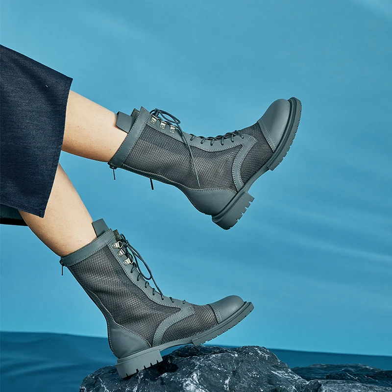 日着原创夏季英伦风高帮网格透气靴子女增高系带高帮鞋女21X0331X