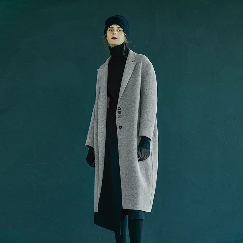日着原创女装秋冬外套中长款宽松腰带收腰双面呢子大衣女19D1086D