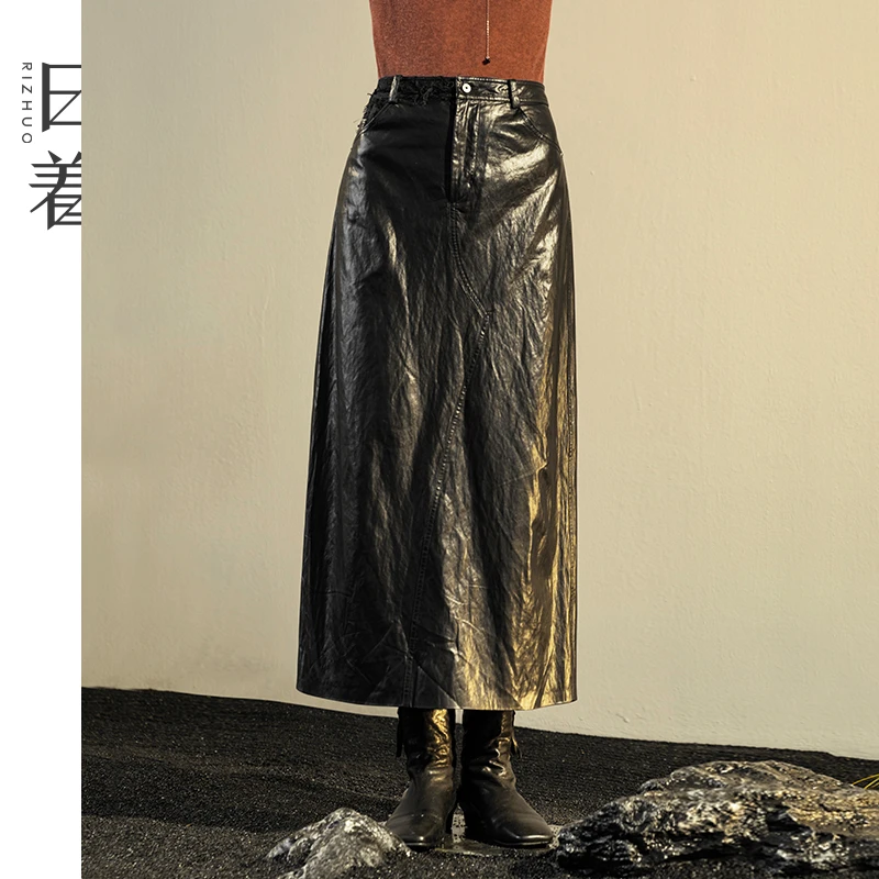 日着原创女装秋冬季时尚复古黑色高腰直筒半身裙PU皮裙女RC3153Q0