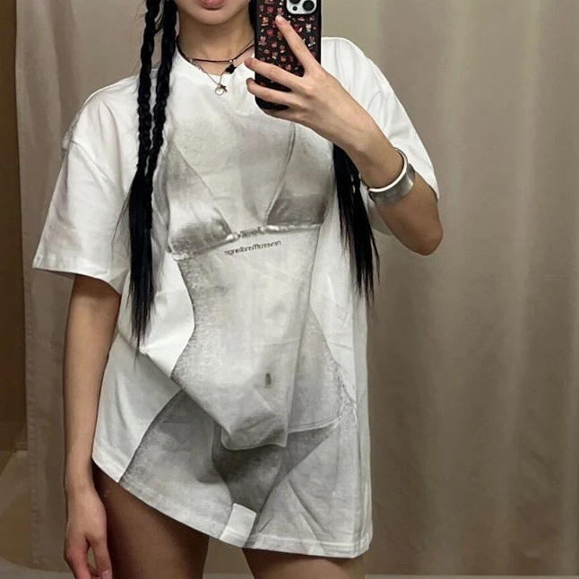 【甜星】欧美透视效果宽松短袖美式oversize街头T恤辣妹居家套装