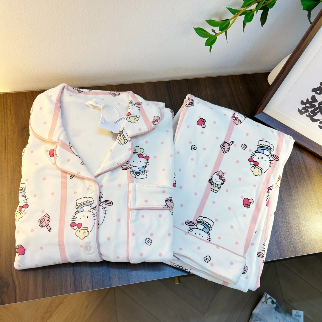 【德绒条纹KT猫】2024秋冬波点满印KT睡衣女士长袖保暖家居服套装