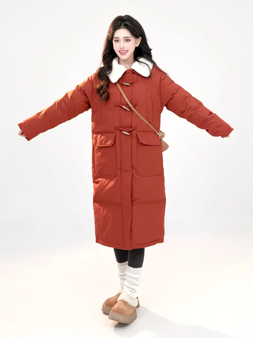 2024年新款牛角扣羊羔毛领加厚安哥拉红中长款棉衣国风保暖外套