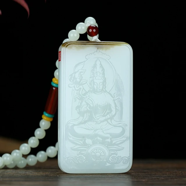 收藏级新疆和田玉且末糖白老料玉观音吊坠俏色巧雕男女款高端挂件