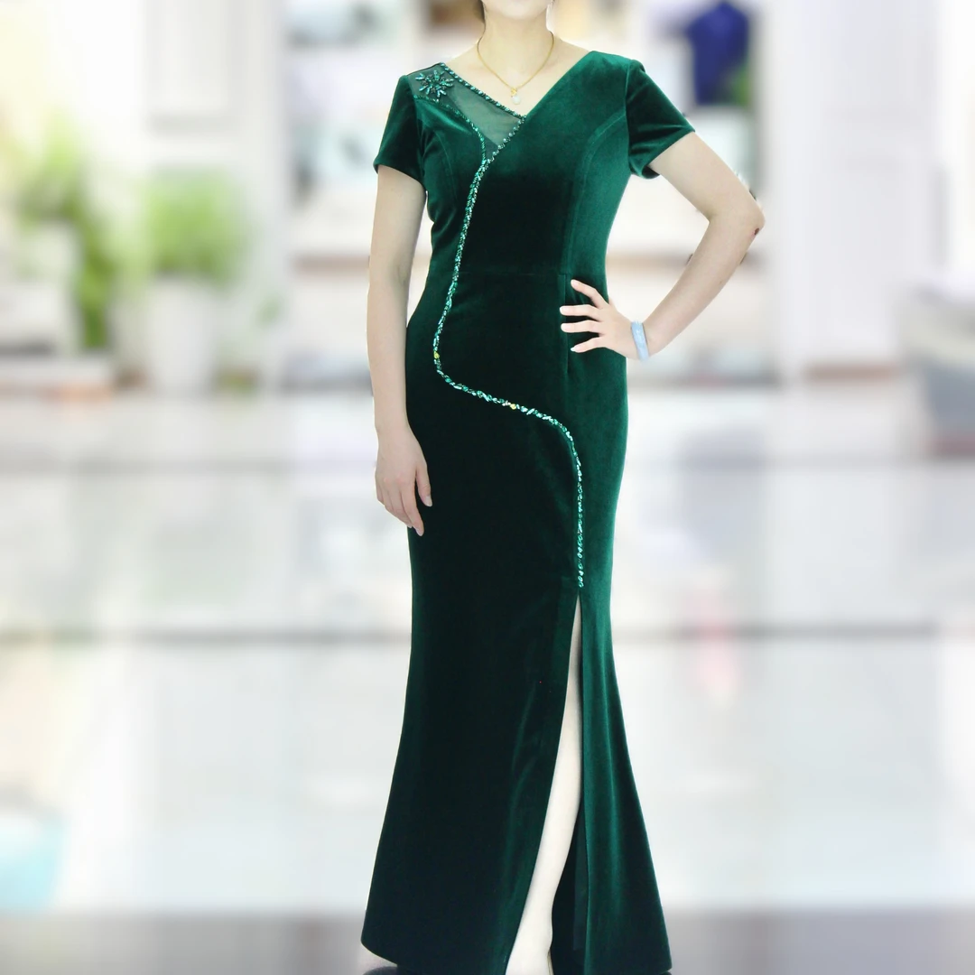 渡萍高级定制妈妈装 丝绒款V型镂空领 手工钉钻开衩鱼尾礼服