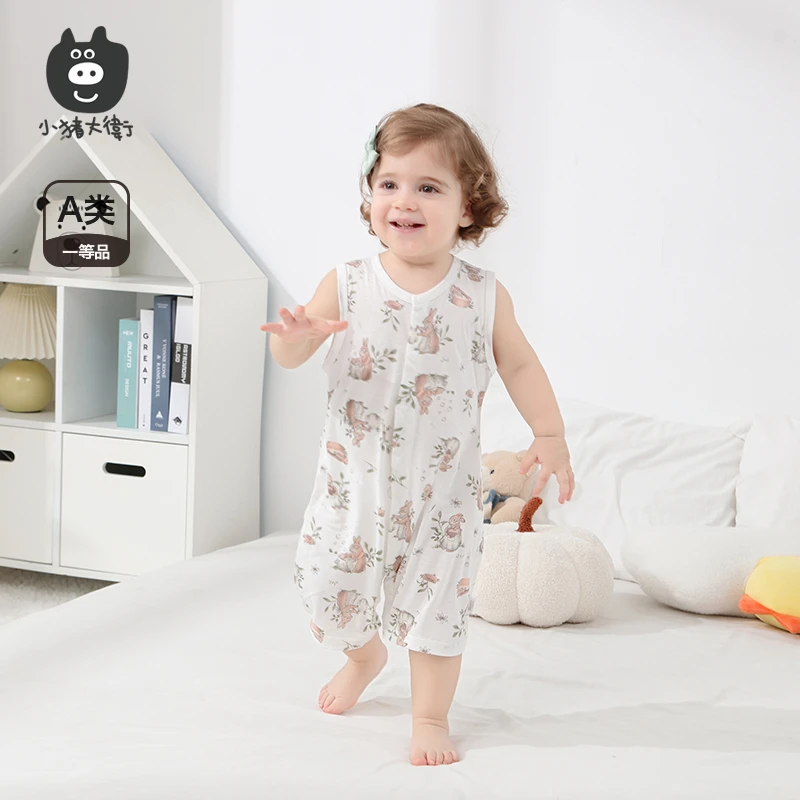 宝宝夏季无袖连体对开纯棉轻薄透气舒适睡衣连体哈衣爬服无袖连体