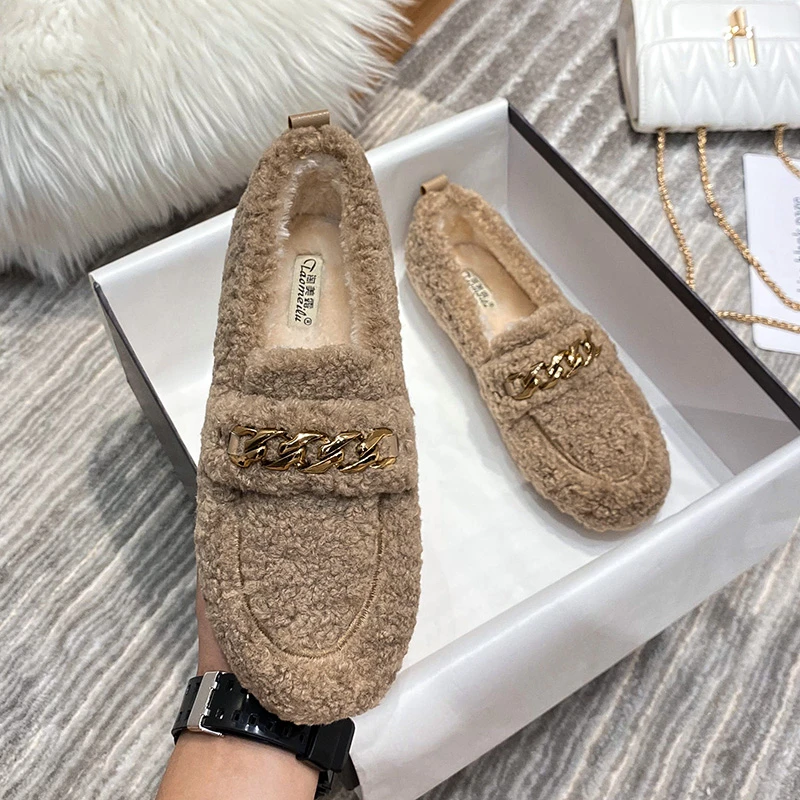 羊羔毛鞋厚底毛毛鞋女冬外穿2024新款配裙子仙女懒人鞋加绒豆豆鞋