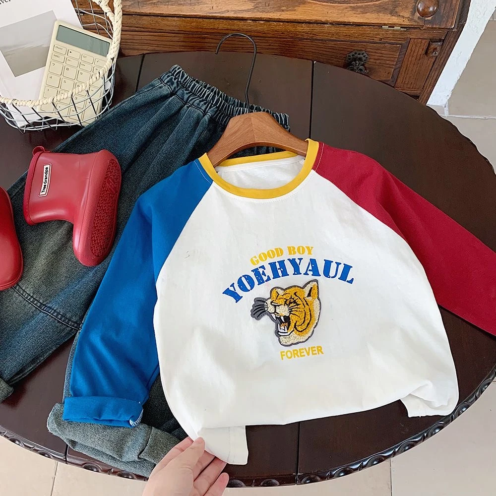 儿童打底衫2024秋季新款童装男童韩版拼色洋气插肩袖上衣宝宝潮范